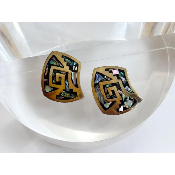 Modernist Sterling Silver Vermeil Taxco Mexican Abalone Vintage Clip On Earrings - Picture 3 of 10